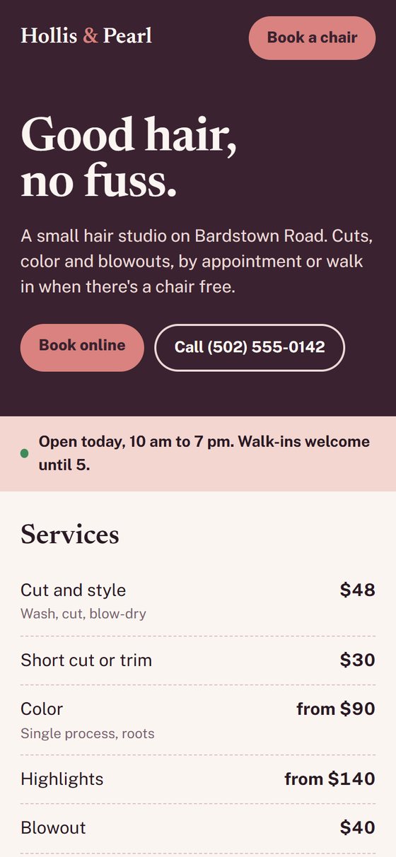 The same sample site on a phone, with today's hours and the price list.