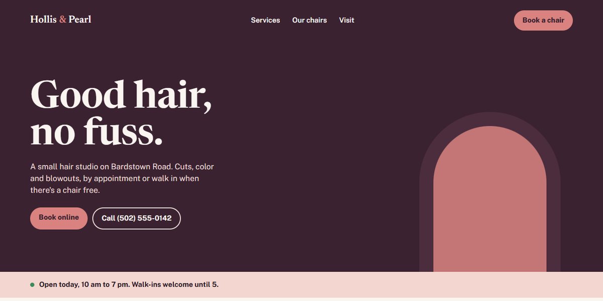 A sample website for a made-up hair studio, Hollis and Pearl: a plum header, the line Good hair, no fuss, and buttons to book or call.