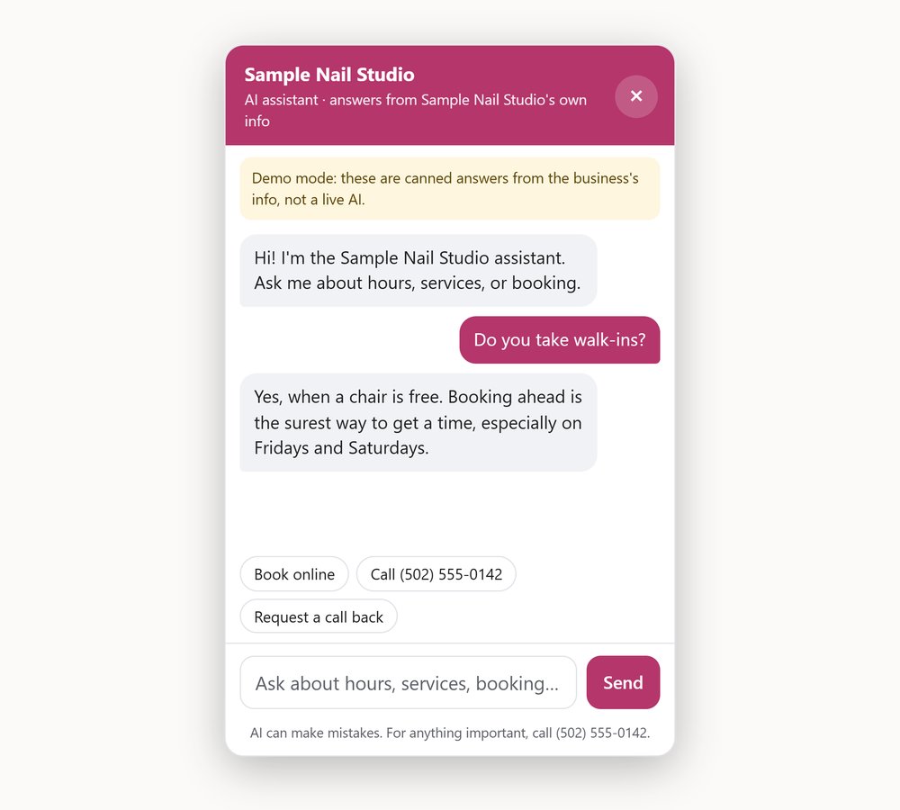 The Front Desk chat box for a made-up nail studio, answering whether they take walk-ins.