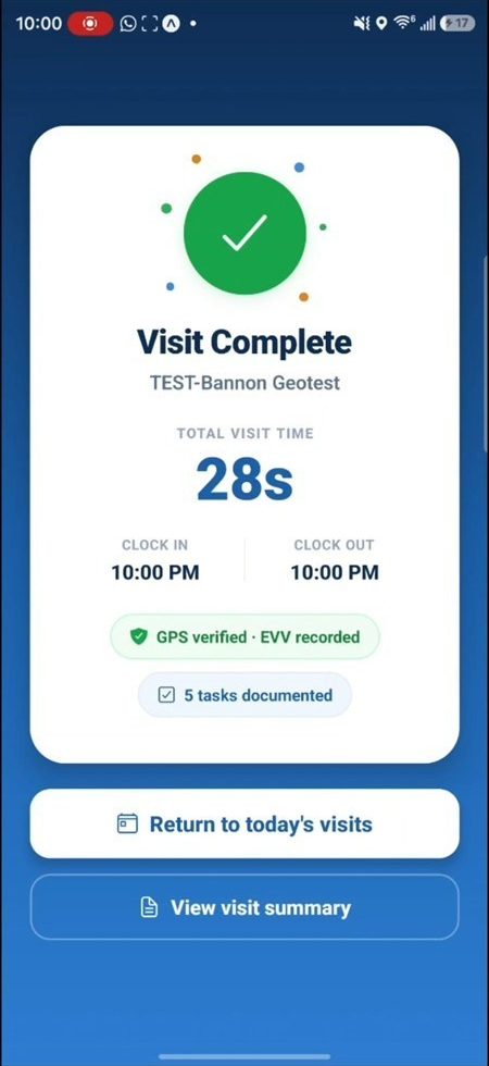 The RayHealth caregiver app after a visit: GPS verified, five tasks documented.